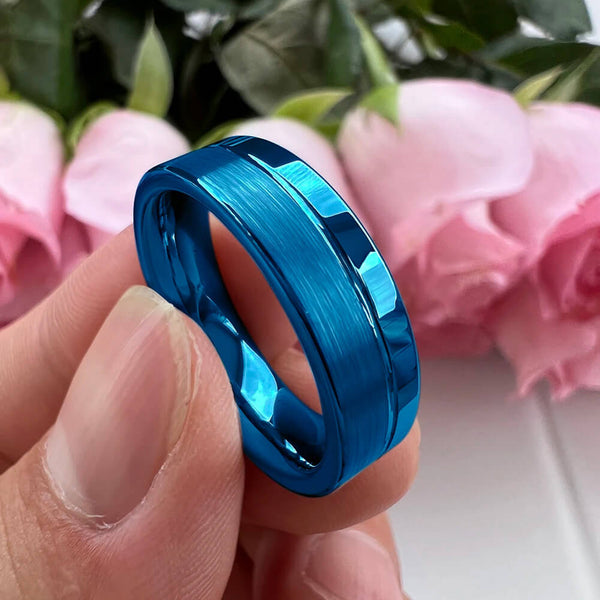 6mm Royal Blue Color Offset Groove Two Tone Tungsten Unisex Rings
