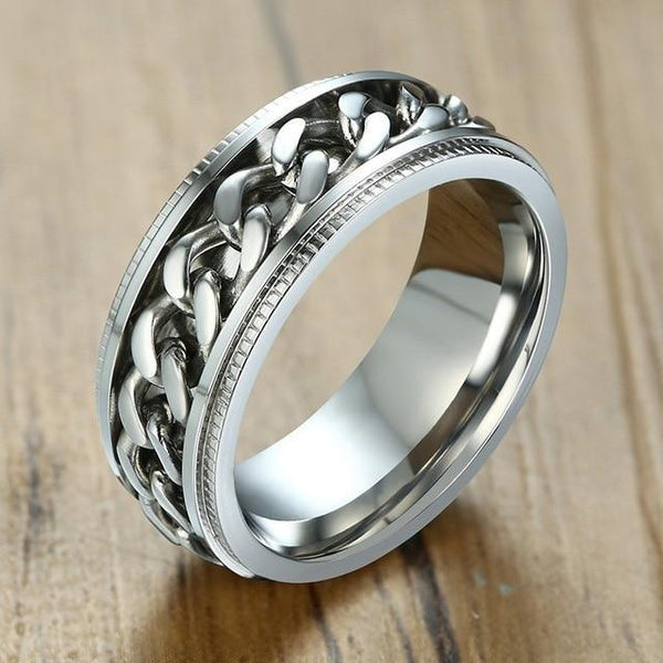 Silver rotatable spinner mens ring