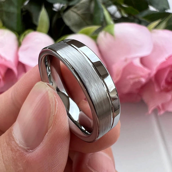 6mm Silver Color Offset Groove Two Tone Tungsten Unisex Rings