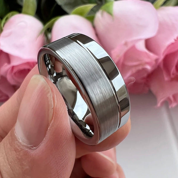 8mm Silver Color Offset Groove Two Tone Tungsten Unisex Rings