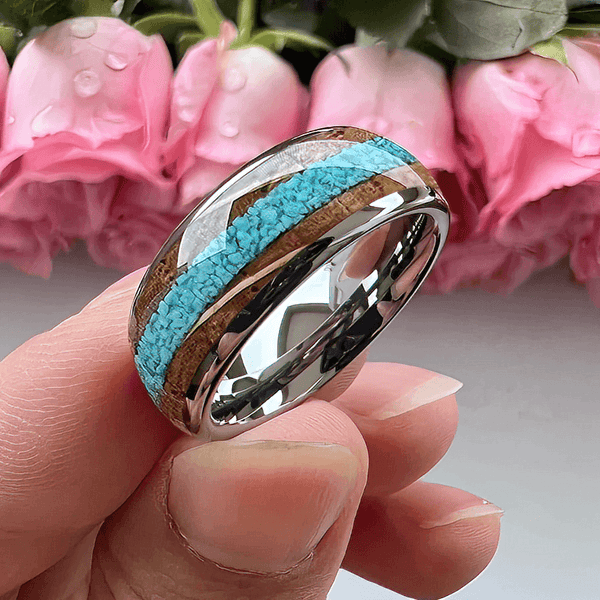 8mm Crushed Turquoise Inlay & Whisky Wood Silver Men's Rings