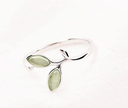 Opal leaf nature sterling silver womens ring