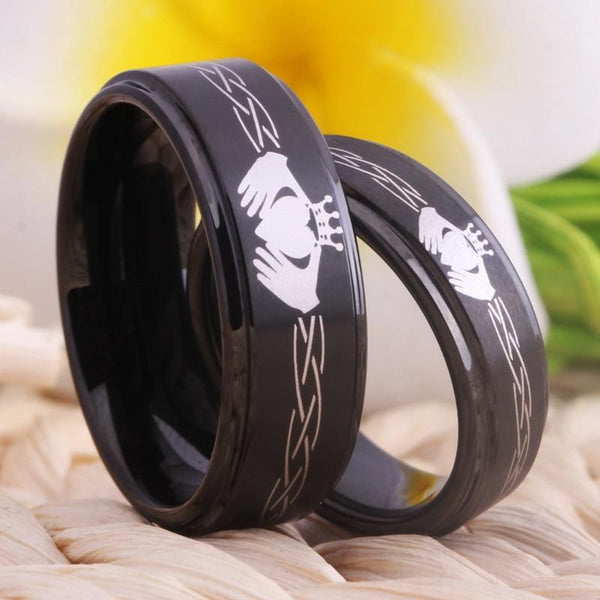 Irish Claddagh Black Tungsten Couples Rings