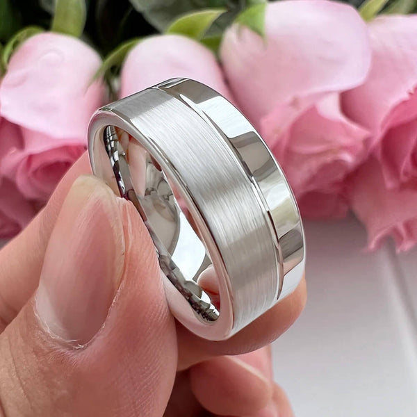 8mm White Color Offset Groove Two Tone Tungsten Unisex Rings