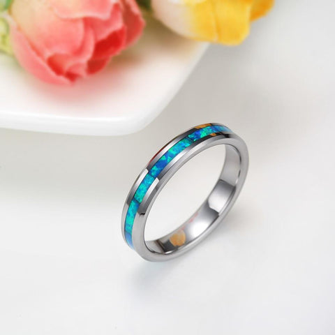 Opal promise rings - 4mm Opal Inlay Silver Tungsten Unisex Ring