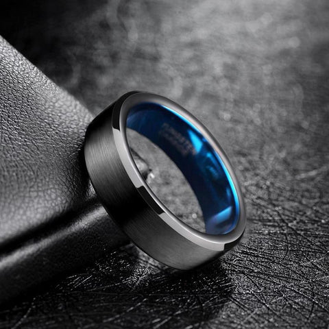 mens wedding rings - black and blue tungsten mens ring with custom engraving