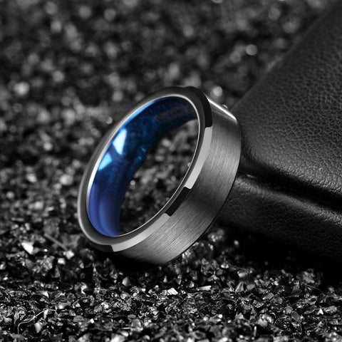 mens promise rings - black and blue tungsten mens ring with custom engraving