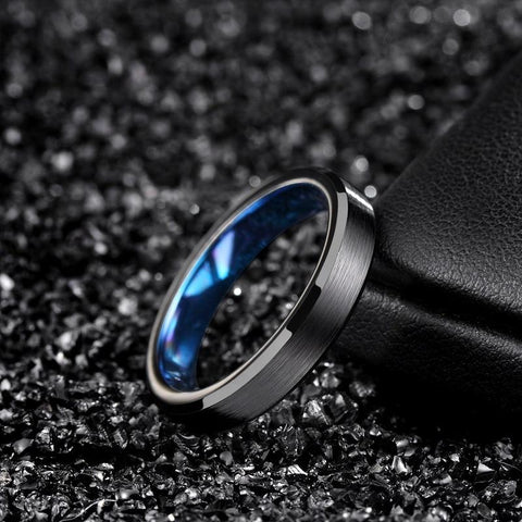 mens engagement rings - black and blue tungsten mens ring with custom engraving