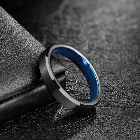 mens promise rings - black and blue tungsten mens ring with custom engraving