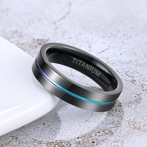 Mens promise rings - Rainbow and black Titanium mens ring gift for him