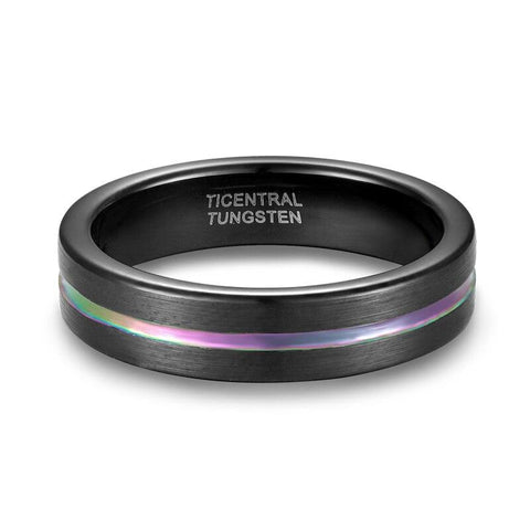 Promise Rings For Men - 5mm Rainbow Groove Black Mens Tungsten Ring