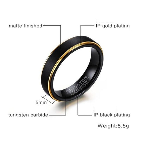 Engagement rings for men - 5mm Black and gold Tungsten mens ring