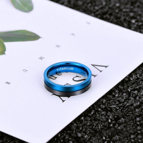 Mens rings - black and blue titanium mens rings with custom engraving