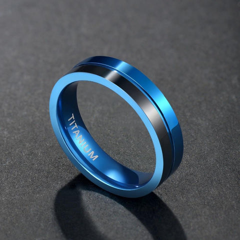 Mens promise rings - black and blue titanium mens rings with custom engraving