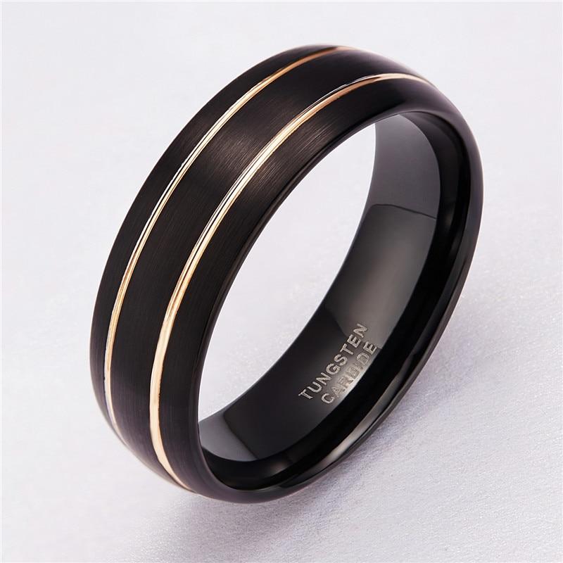 8mm Black & Double Gold Line Inlay Tungsten Mens Ring - Promise Rings