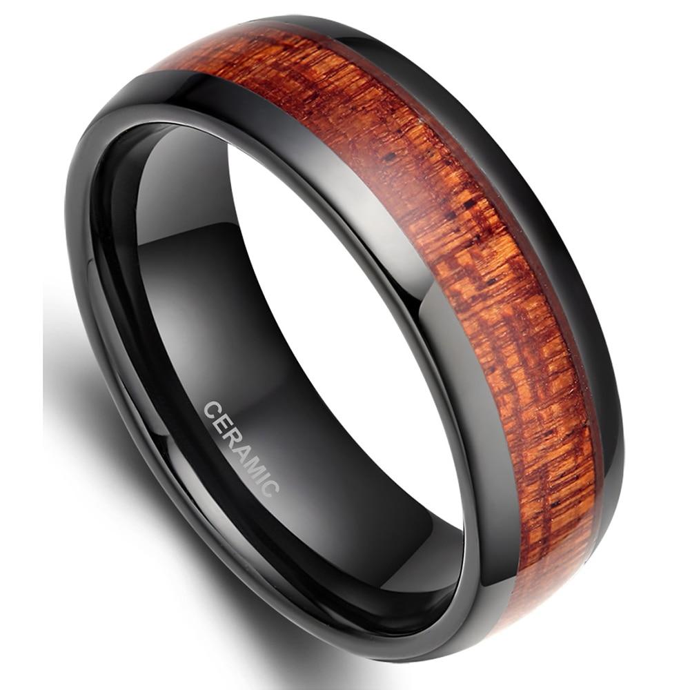 8mm Black Red Wood Grain Ceramic Mens Ring - Promise Rings