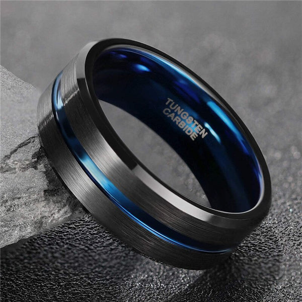 8mm blue and black tungsten mens ring