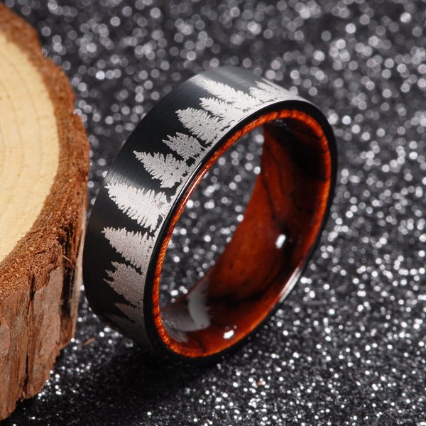 8mm Forest Trees Scene & Rosewood Tungsten Unisex Ring