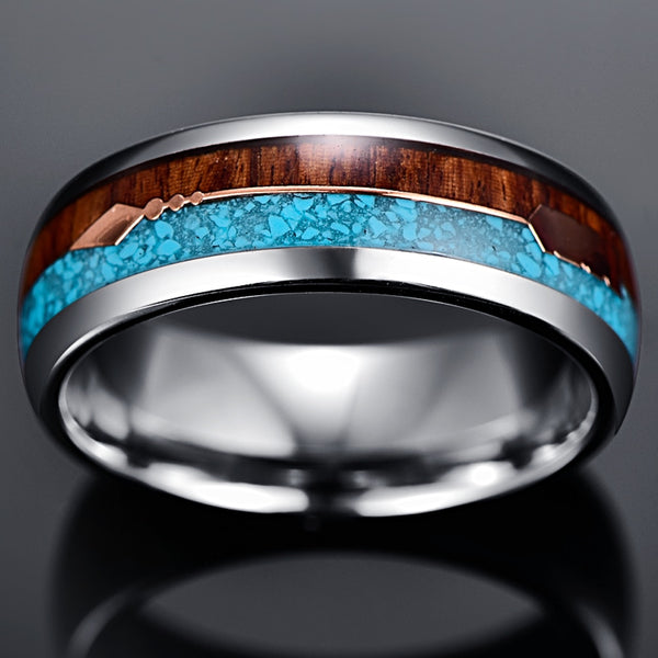 Blue Opal & Wood Silver Tungsten Men's Ring