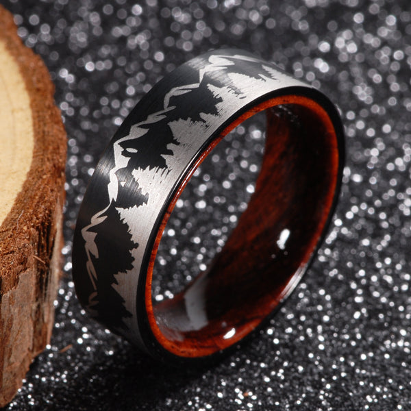 Mountain Forest Camping Hiking Tungsten Wood Unisex Ring