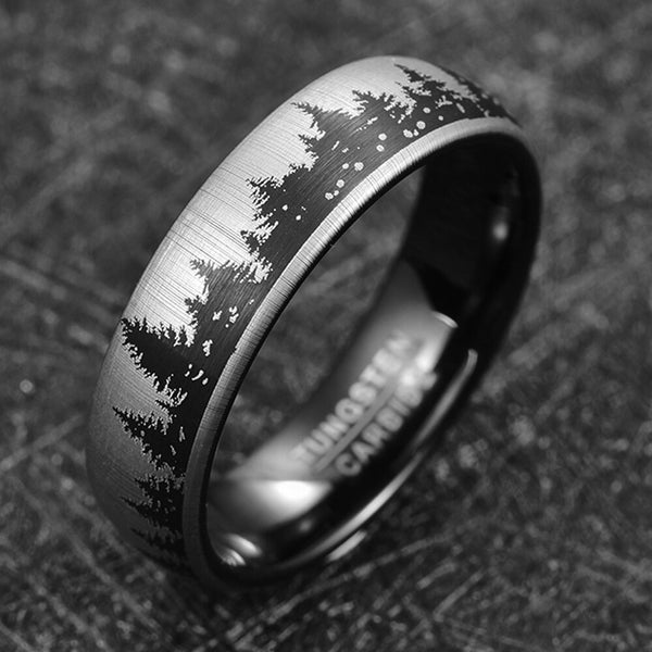 Forest Pine Trees Nature Black & Silver Ring
