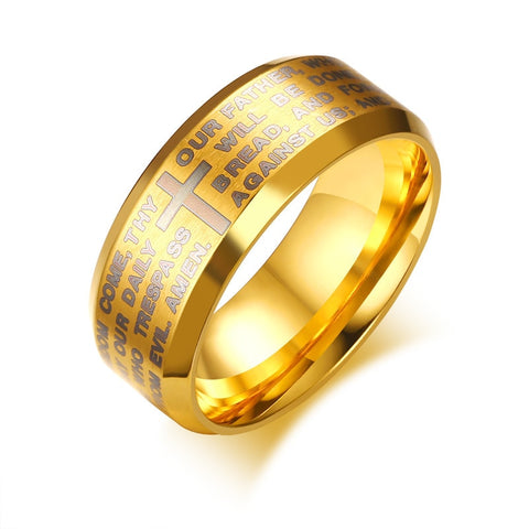 Gold Bible Cross & Prayer Men's Ring