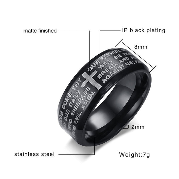 Black Bible Cross & Prayer Men's Ring