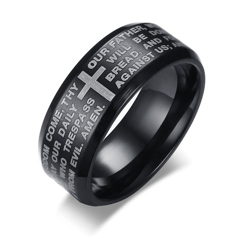 Black Bible Cross & Prayer Men's Ring