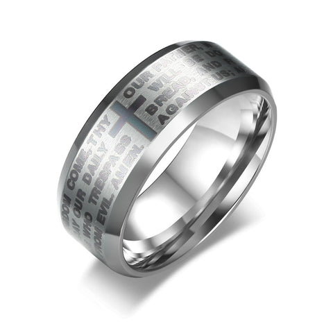 Silver Bible Cross & Prayer Men's Ring