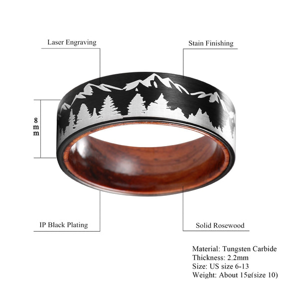 Mountain Forest Camping Hiking Tungsten Wood Unisex Ring