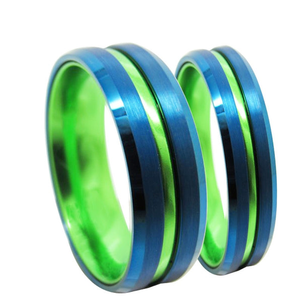Blue & Green Tungsten Couples Matching Wedding Rings
