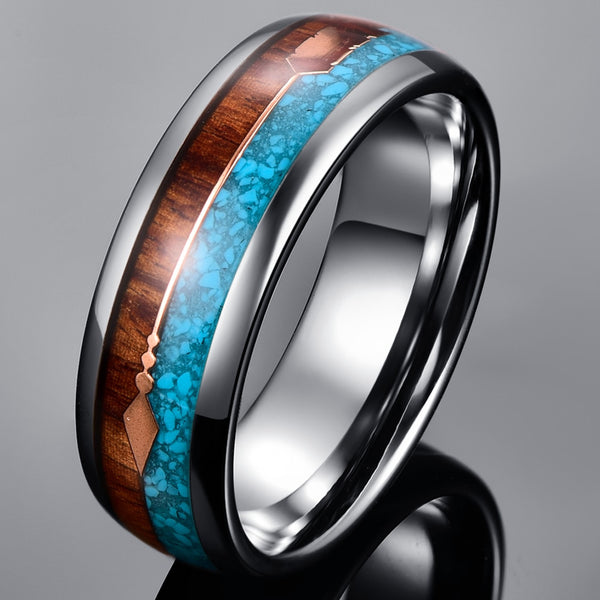 Blue Opal & Wood Silver Tungsten Men's Ring