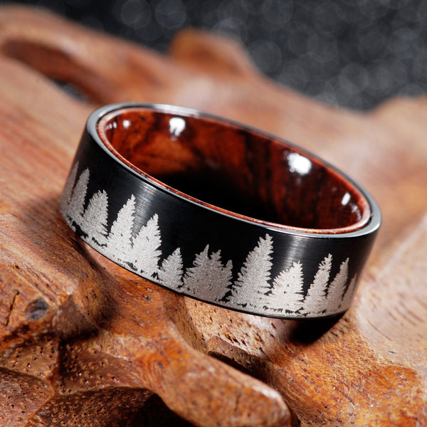 8mm Forest Trees Scene & Rosewood Tungsten Unisex Ring