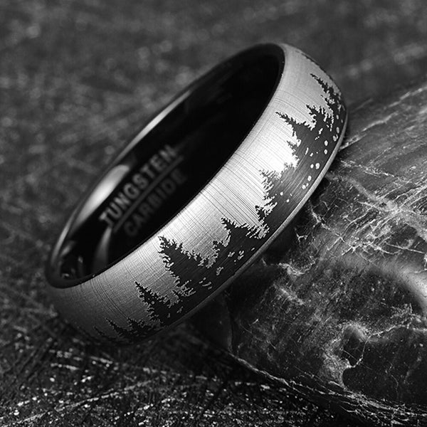 Forest Pine Trees Nature Black & Silver Tungsten Ring