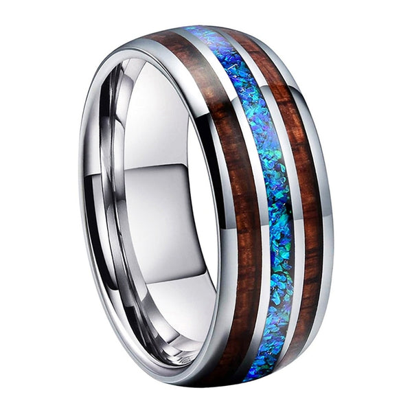 Blue Opal & Wood Silver Tungsten Mens Ring