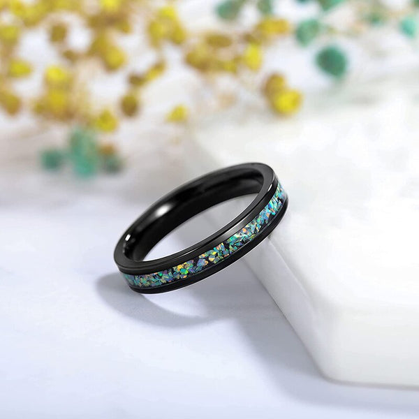 4MM or 6MM Opal Inlay Black Titanium Women's Ring