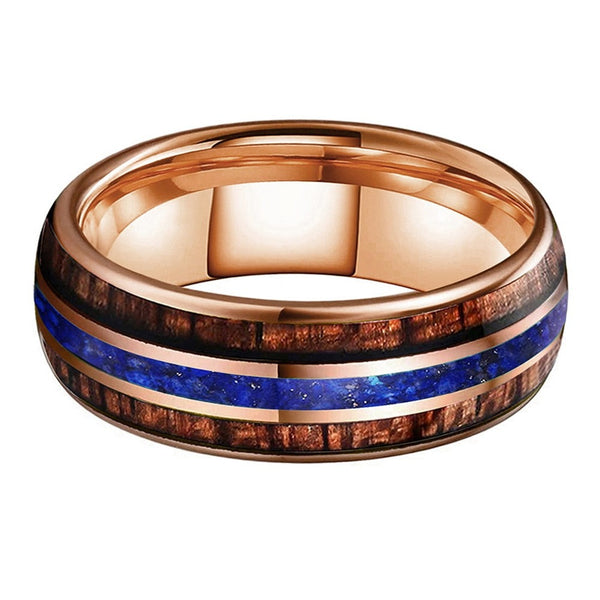 Blue Lapis & Koa Wood Rose Gold Tungsten Ring