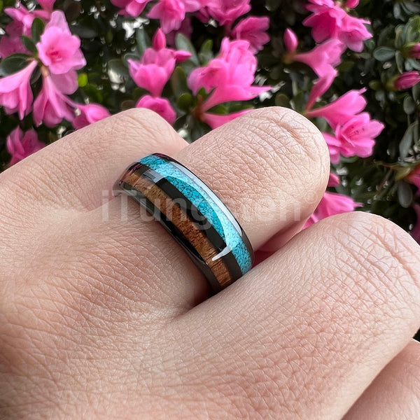 8mm Blue Turquoise & Koa Wood Inlay Unisex Ring