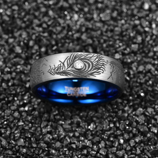 Feather Birds Tungsten Blue Silver Unique Ring