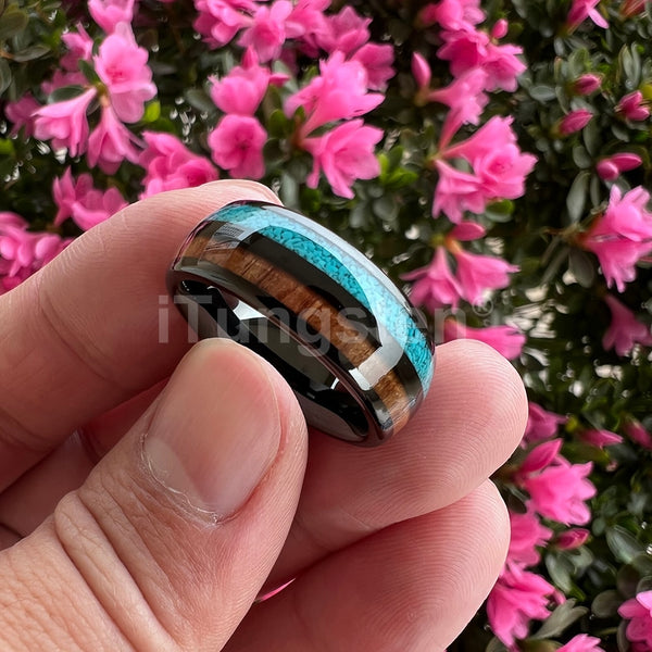 8mm Blue Turquoise & Koa Wood Inlay Unisex Ring