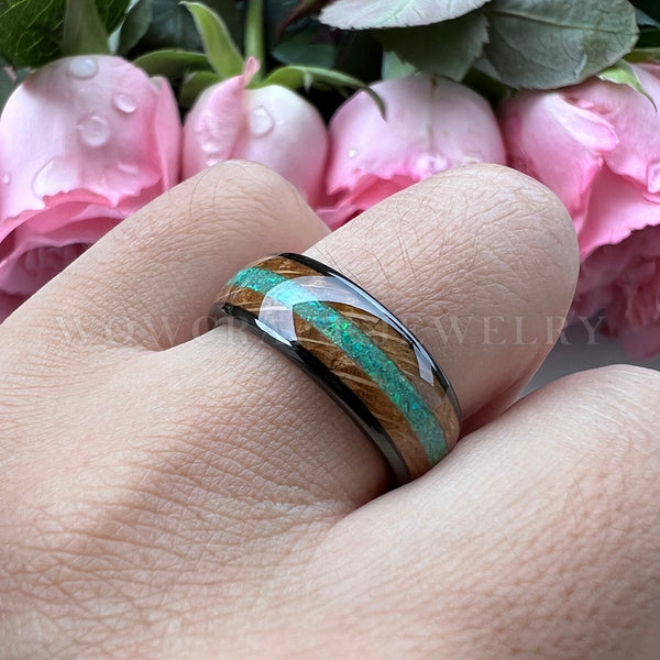 Green Opal & Whiskey Barrel Wood  Black Tungsten Ring