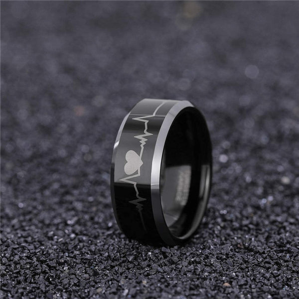 6MM or 8MM Electrocardiogram & Silver Edge Tungsten Unisex Ring