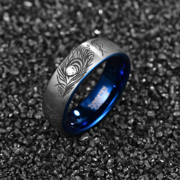 Feather Birds Tungsten Blue Silver Unique Ring