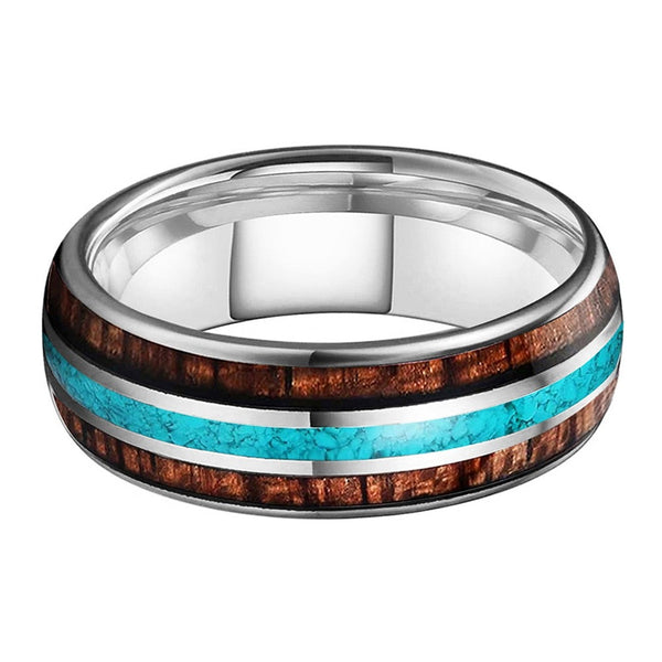 Double Koa Wood & Turquoise Tungsten Ring