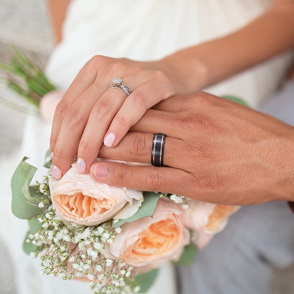 Personalized black and gold tungsten mens wedding ring