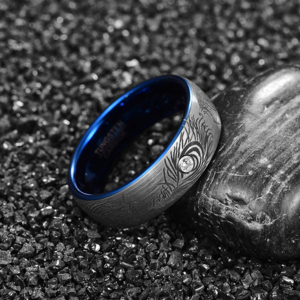 Feather Birds Tungsten Blue Silver Ring