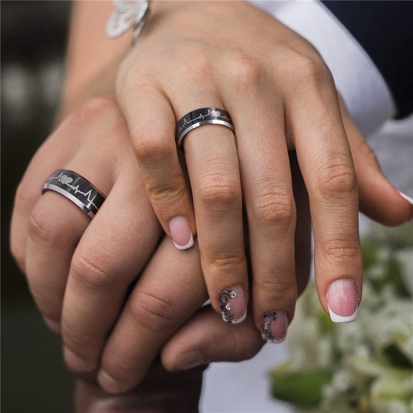 6MM or 8MM Electrocardiogram & Silver Edge Tungsten Unisex Ring