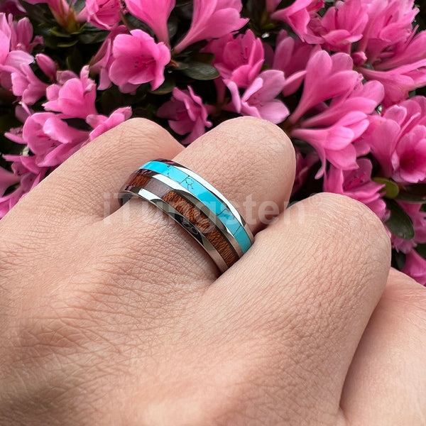 8mm Blue Turquoise Koa Wood Silver Unisex Ring