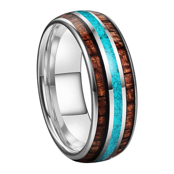 Double Koa Wood & Turquoise Tungsten Ring