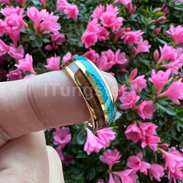 Blue Turquoise & Koa Wood Gold Tungsten Ring